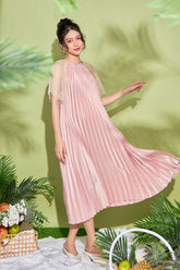 Pleated Silk Midi Dress with Sheer Cape Sleeves